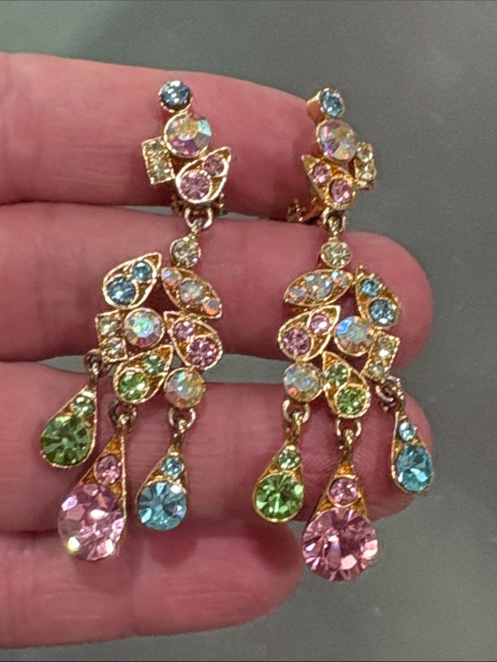 Vintage  Pastel Multi Rhinestone Gold-tone Spray Clip Earrings